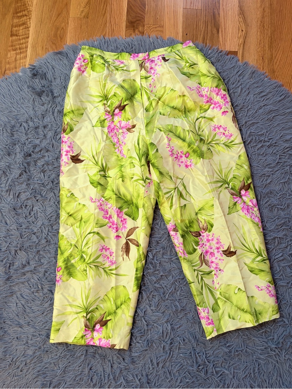 Harve Benard Silk Tropical Pants Lime Green Crop High Waisted Floral Leaf Size 6